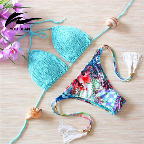 Sexy Summer Bikini Set Bathing Suit Swimwear Women Bikini Soprtswear 2017 Brazil Swimming Suit Crochet HandMade Outside Push Up
