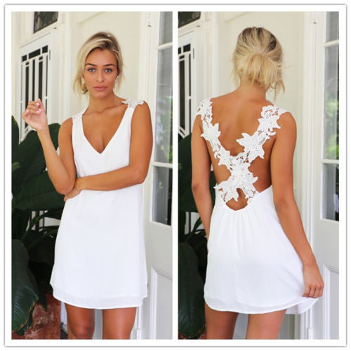 Women Celeb V Neck Backless Lace Crochet Chiffon Summer Beach Mini Dress