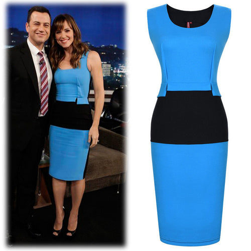 Spring and Summer Sky-Blue Stitching Round Neck Black Celebrity Dress at lovelyvogue